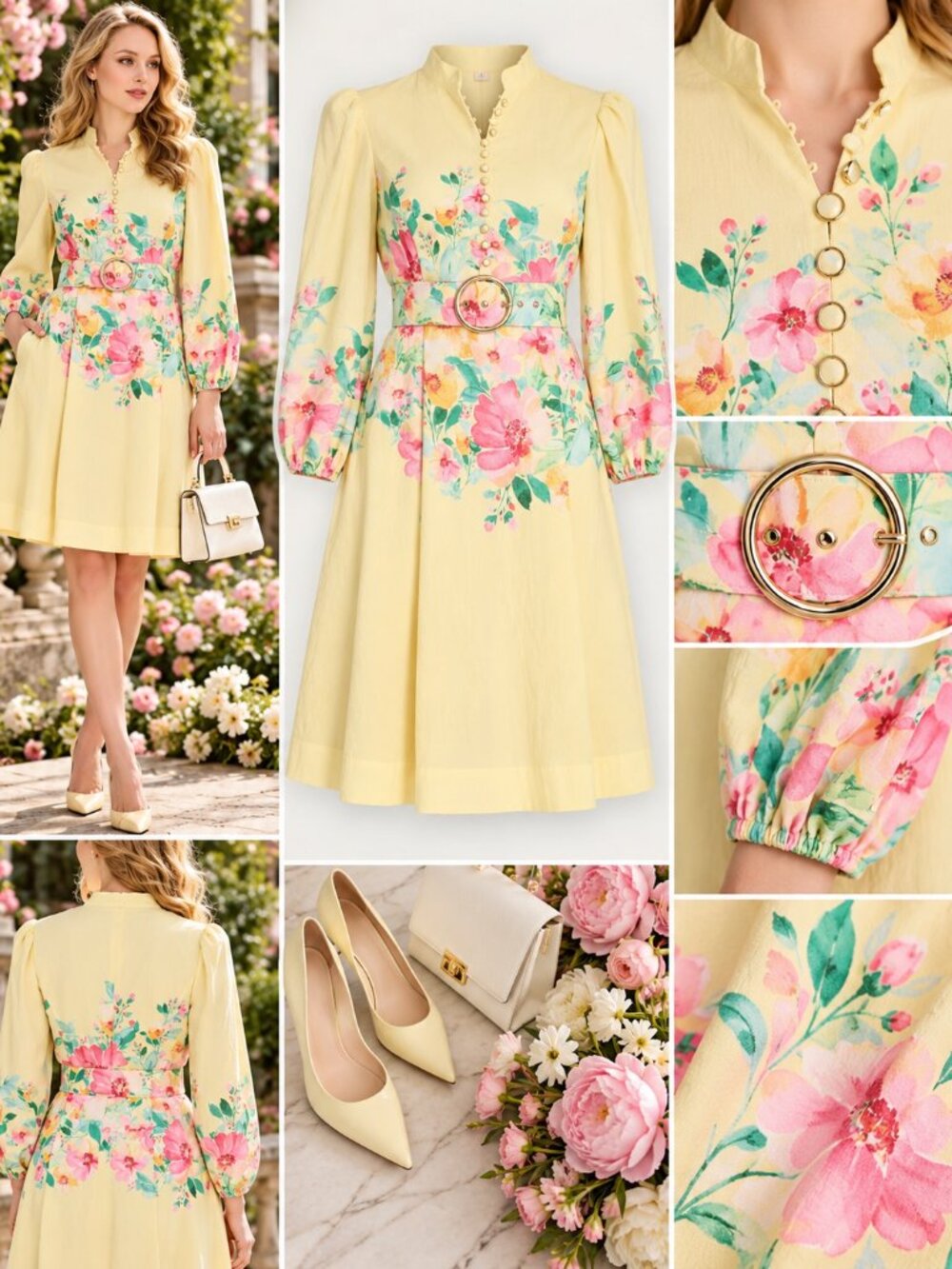 Tahari ASL Petite Size 2P Yellow Floral Print Belted Fit Flare Dress NWT
